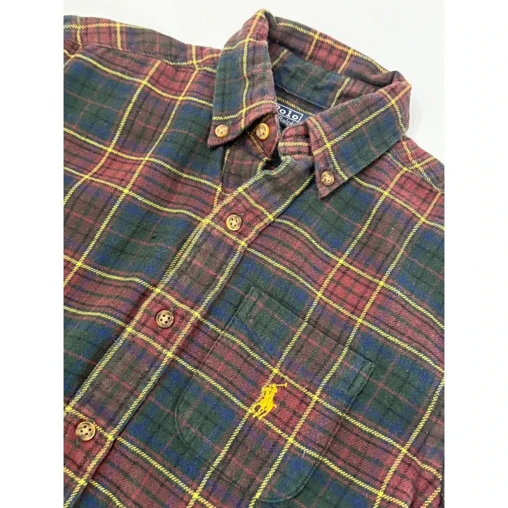 Ralph Lauren Boys SZ 6 Preppy Plaid Flannel Burgundy Blue Green Yellow Pony Logo